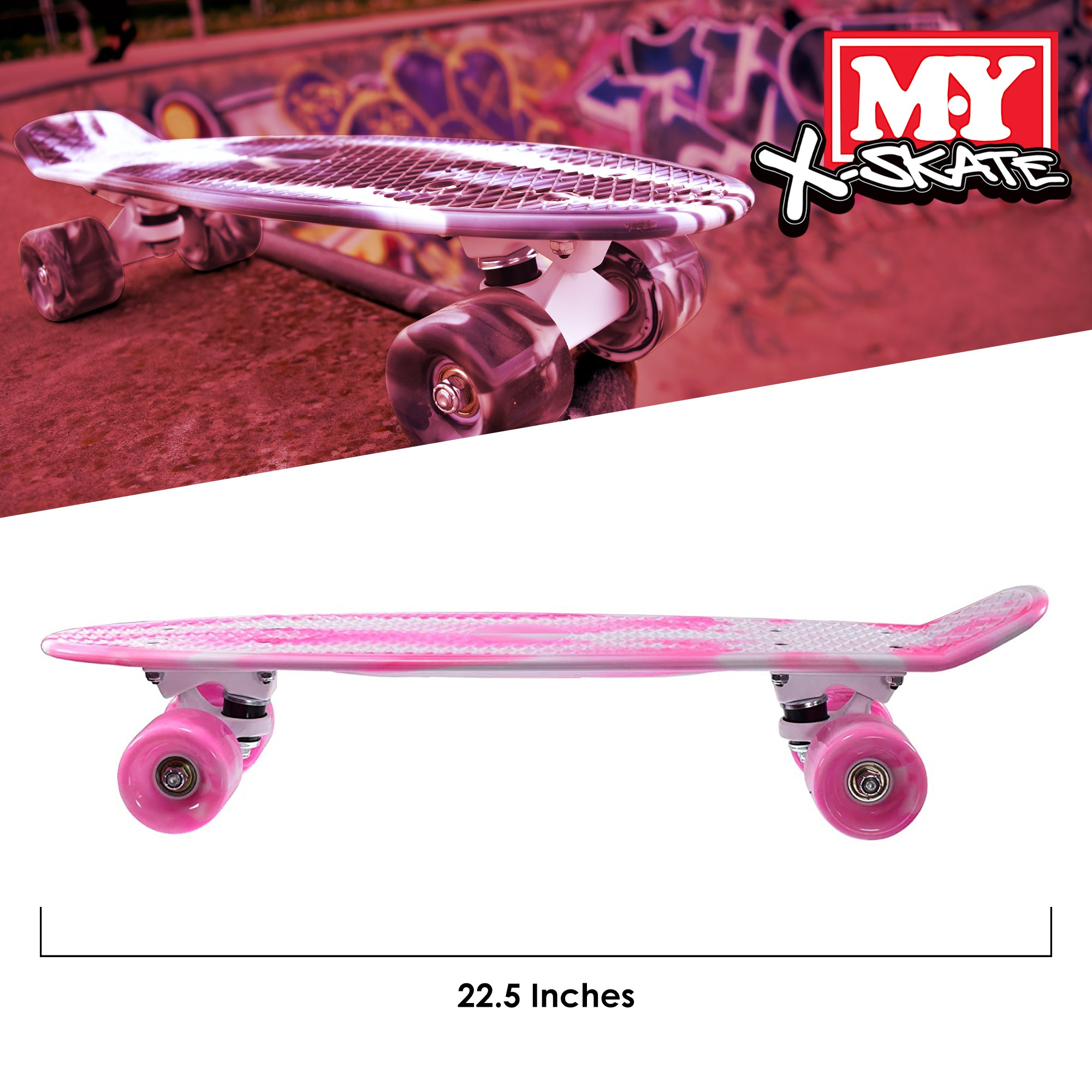 M.Y X-Skate Complete 22" Plastic Retro Beginner Skateboard with Marble Print for Kids Teenagers & Adults Waffle-Style Deck ABEC 7 Bearings for tricks and cruising