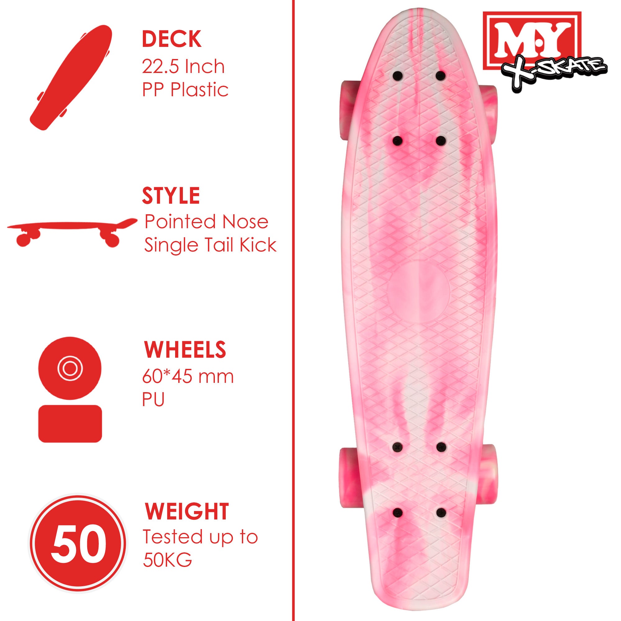 M.Y X-Skate Complete 22" Plastic Retro Beginner Skateboard with Marble Print for Kids Teenagers & Adults Waffle-Style Deck ABEC 7 Bearings for tricks and cruising