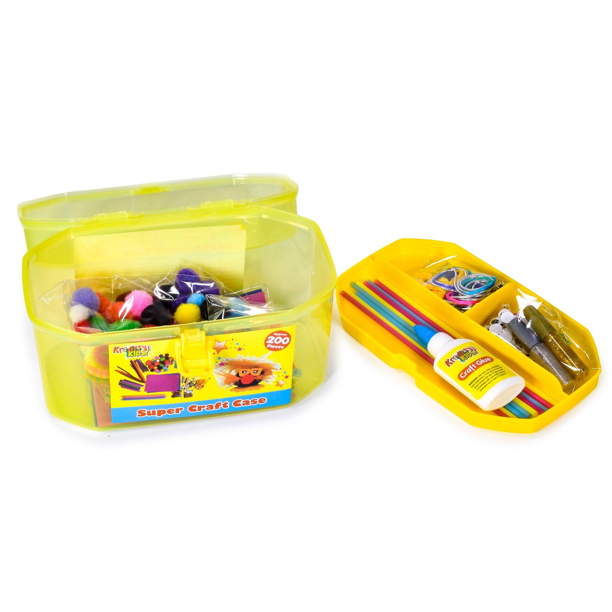 Kreative Kids Craft Carry Case Set | Art and Craft Equipment including Poms-Poms Glitter Pipe Cleaners | 3 Assorted Case Colours