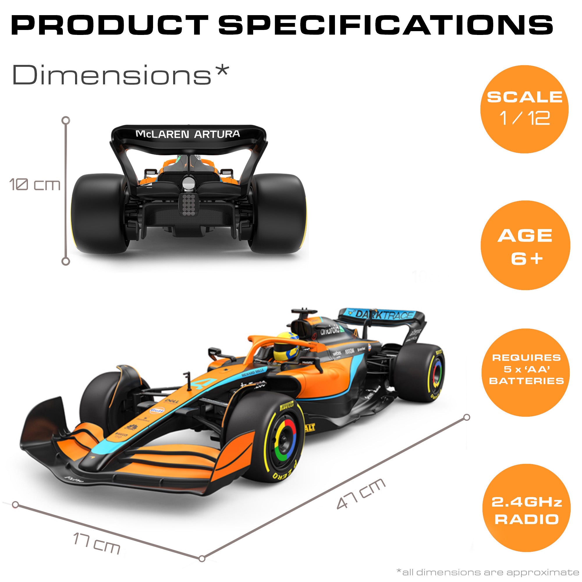 KandyToys Officially Licensed McLaren MCL36 F1 Remote Control Car 1:12 Scale Model | 47cm x 17cm | 2.4GHz | R/C Car