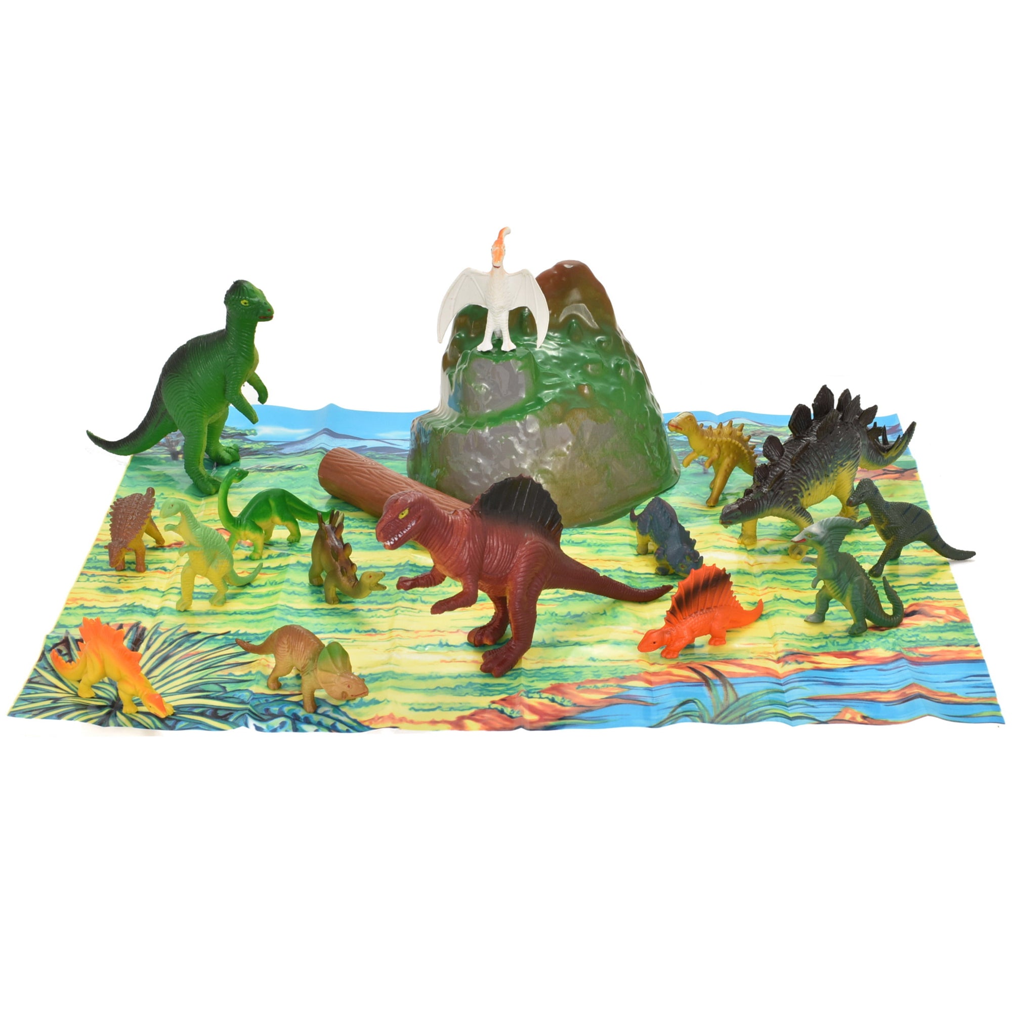 KandyToys 18 Piece Dinosaurs Play Set in Tub | Prehistoric Playset with Toy Dinosaurs and Play Mat | Kids Toys