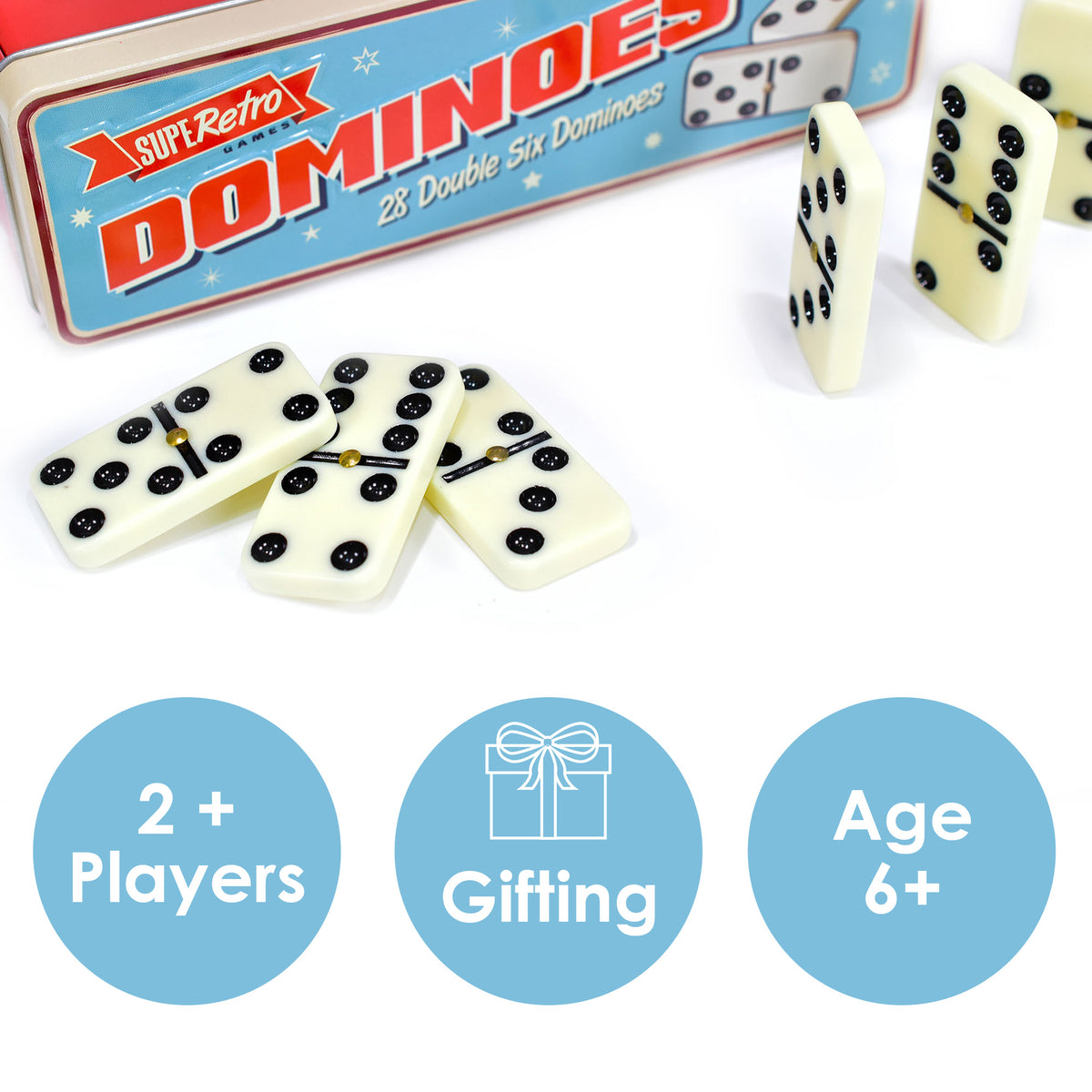 KandyToys SupeRetro Style Domino Tin 28 Piece | Double Six Vintage Domino Set | Classic Games