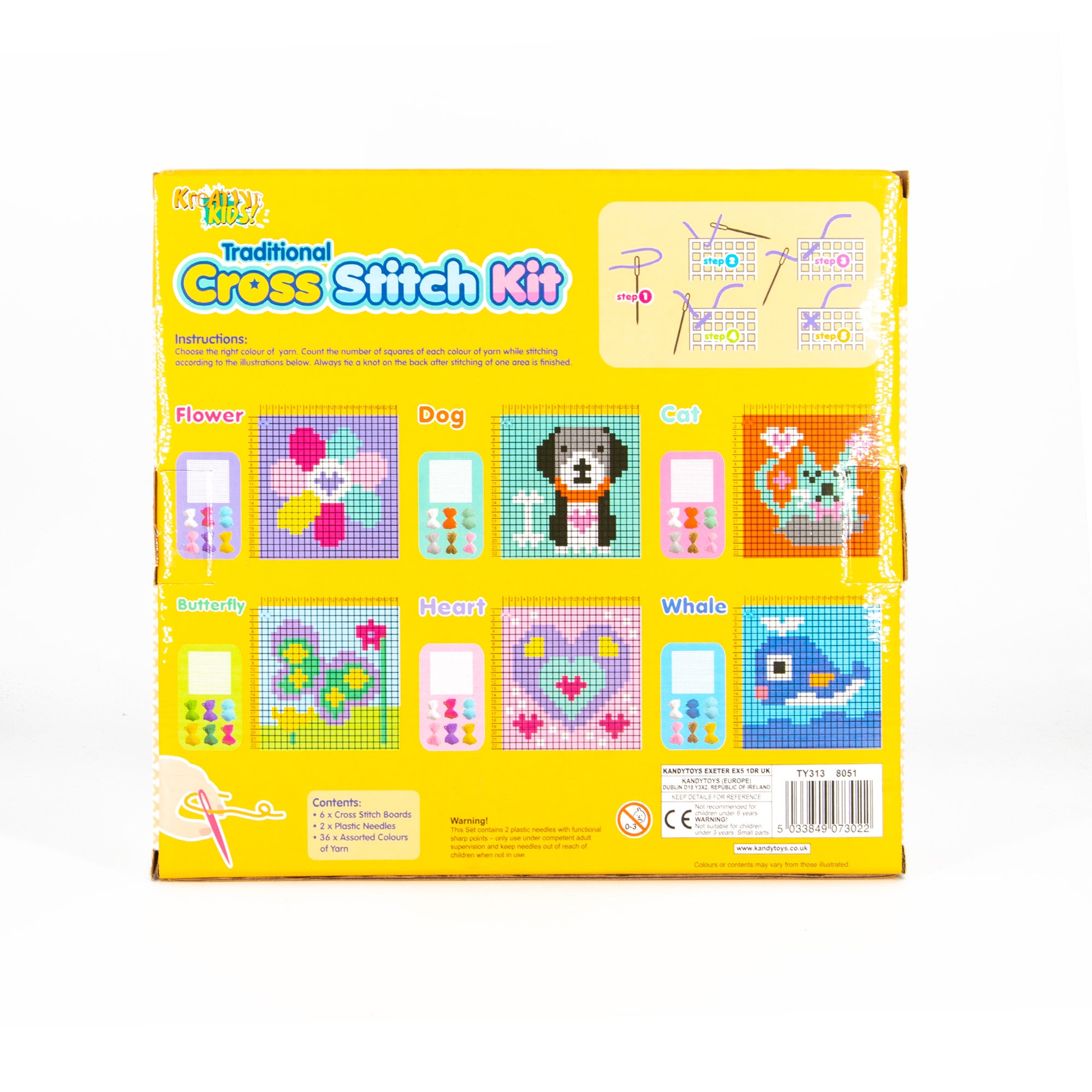 Kreative Kids 6-in-1 Cross Stitch Kit | 6 assorted embroidery boards with 36 coloured threads included | Children’s Craft Kit