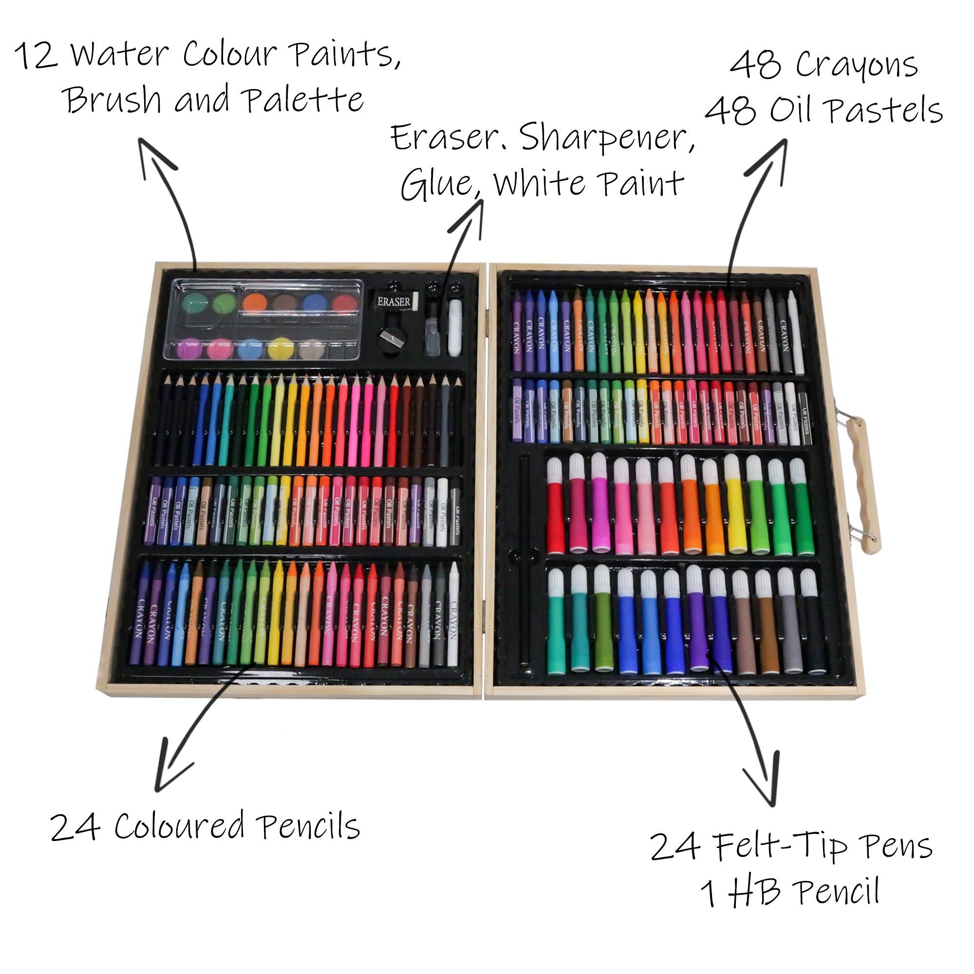 Kreative Kids 168 Piece Traditional Wooden Kids Art Set - Fold Out Art Box with Pens; Pencils; Crayons