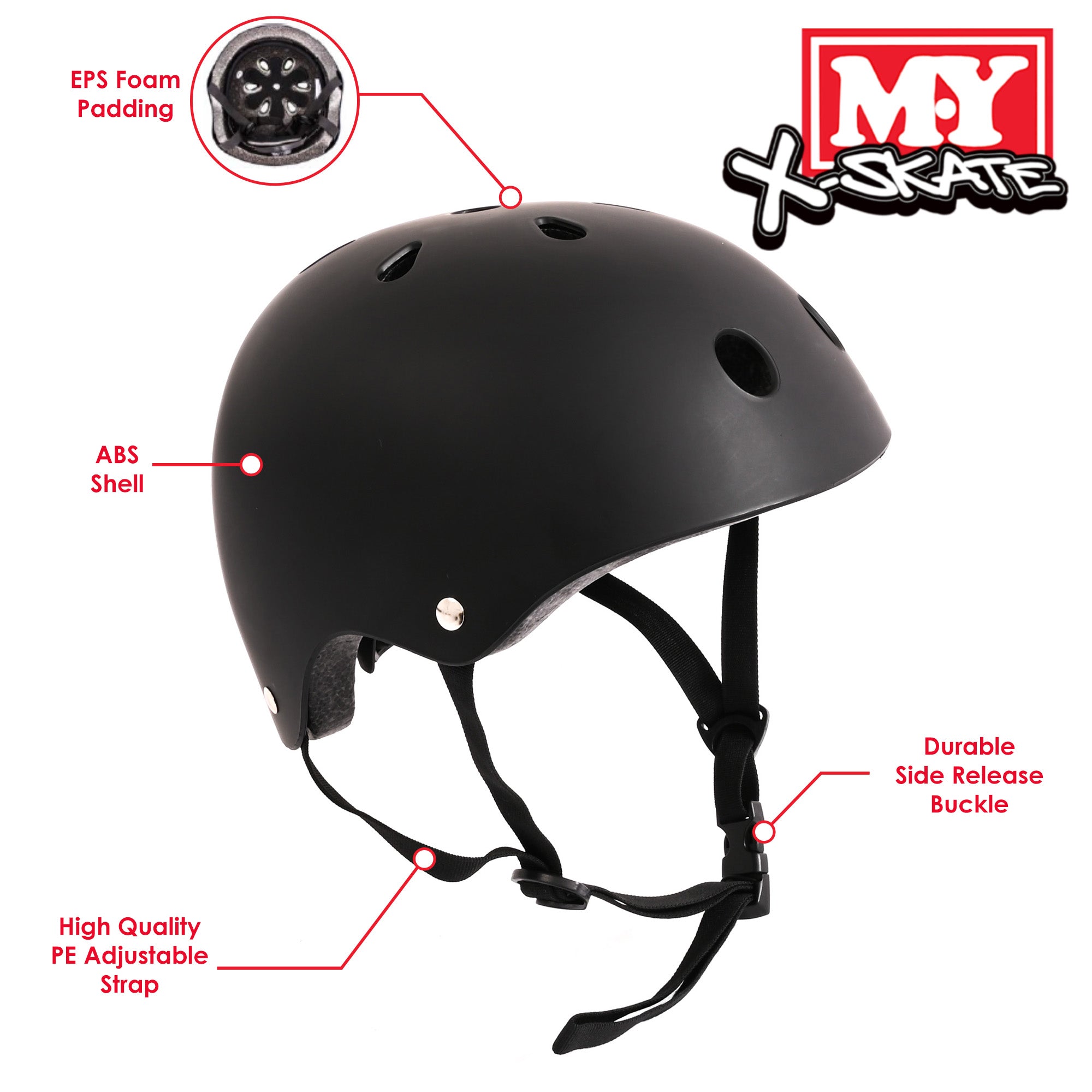 M.Y X-Skate Black Adjustable Junior Skate Helmet For BMX Cycling Scooter Skateboarding