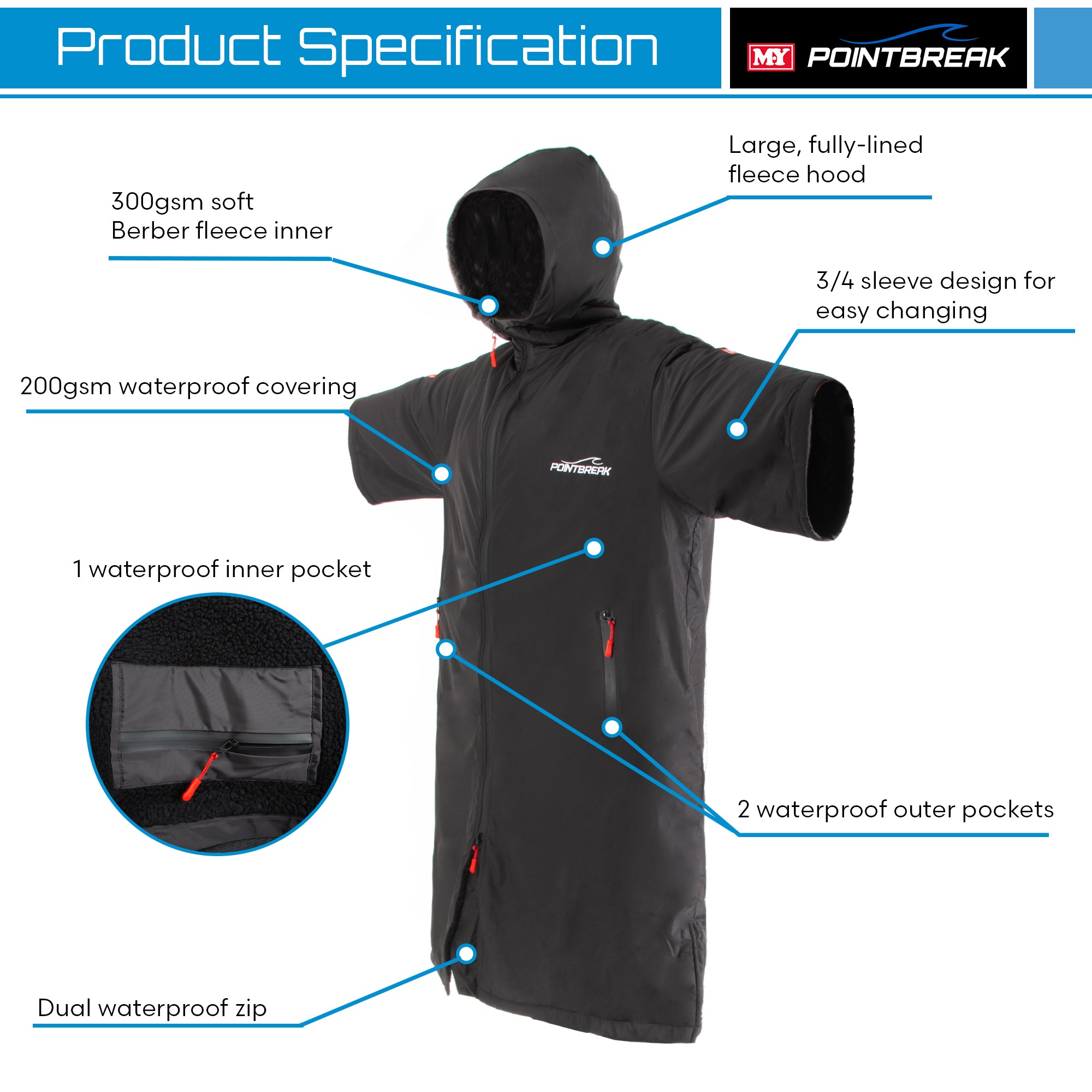 M.Y Point Break Waterproof Changing Robe Unisex Oversized Changing Jacket for Surfing Paddleboarding Swimming Outdoor Events