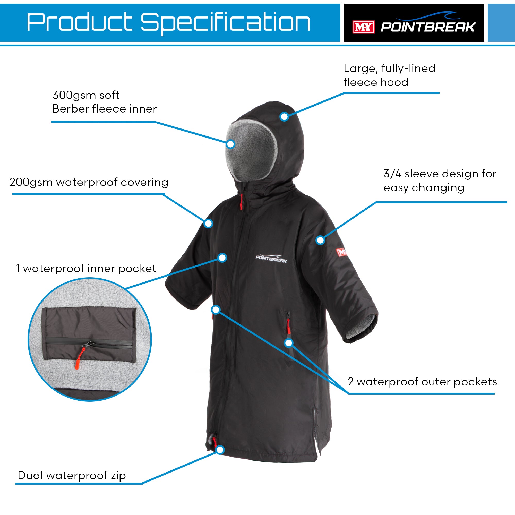 M.Y Point Break Waterproof Changing Robe Unisex Oversized Changing Jacket for Surfing Paddleboarding Swimming Outdoor Events