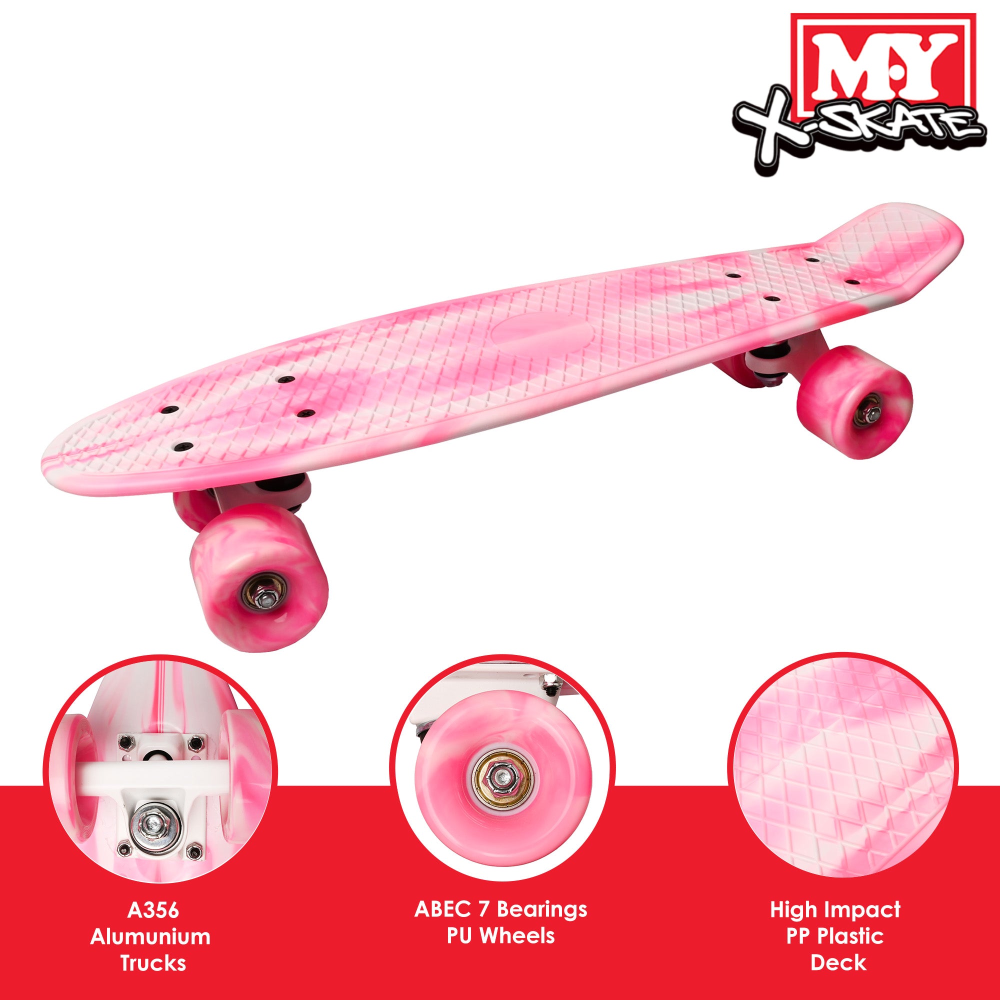 M.Y X-Skate Complete 22" Plastic Retro Beginner Skateboard with Marble Print for Kids Teenagers & Adults Waffle-Style Deck ABEC 7 Bearings for tricks and cruising
